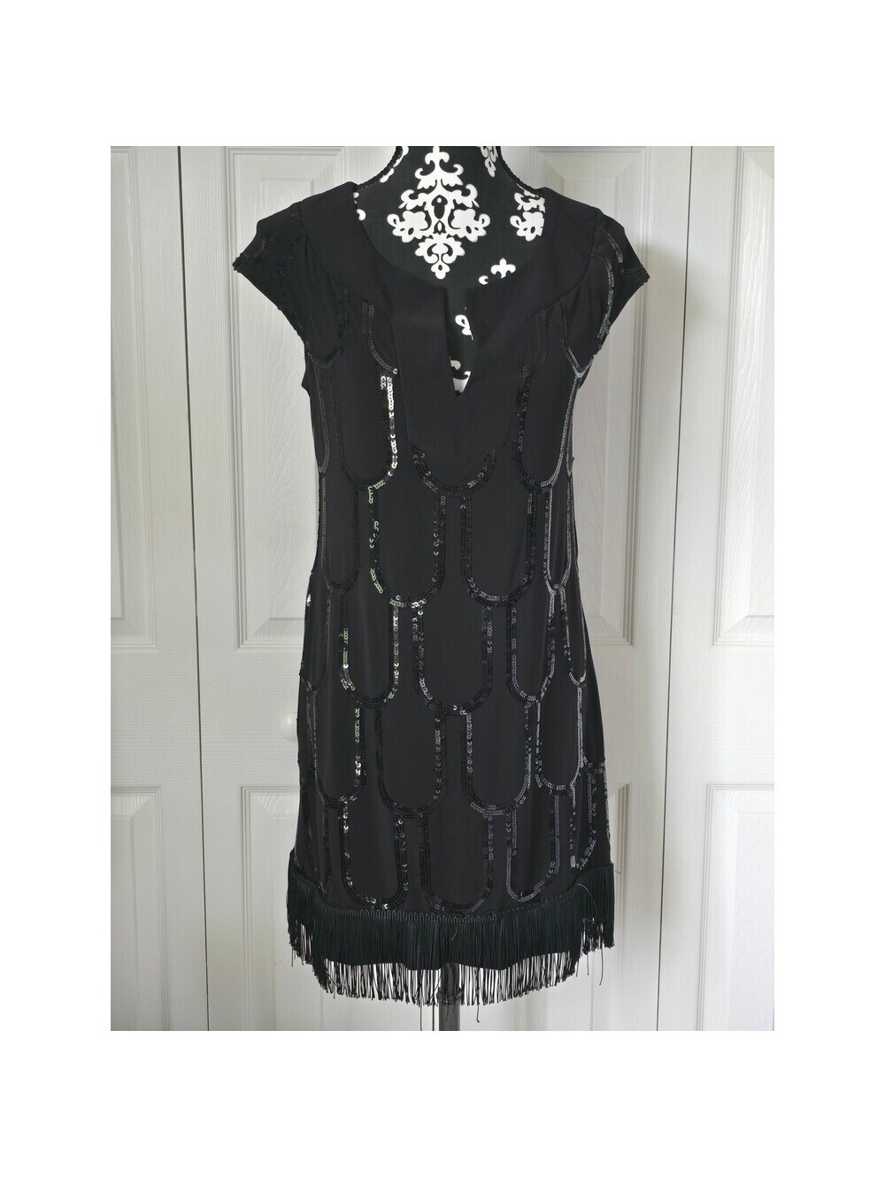 B. Darlin Black Sequin Fringe Cap Sleeve Dress Size 11/12